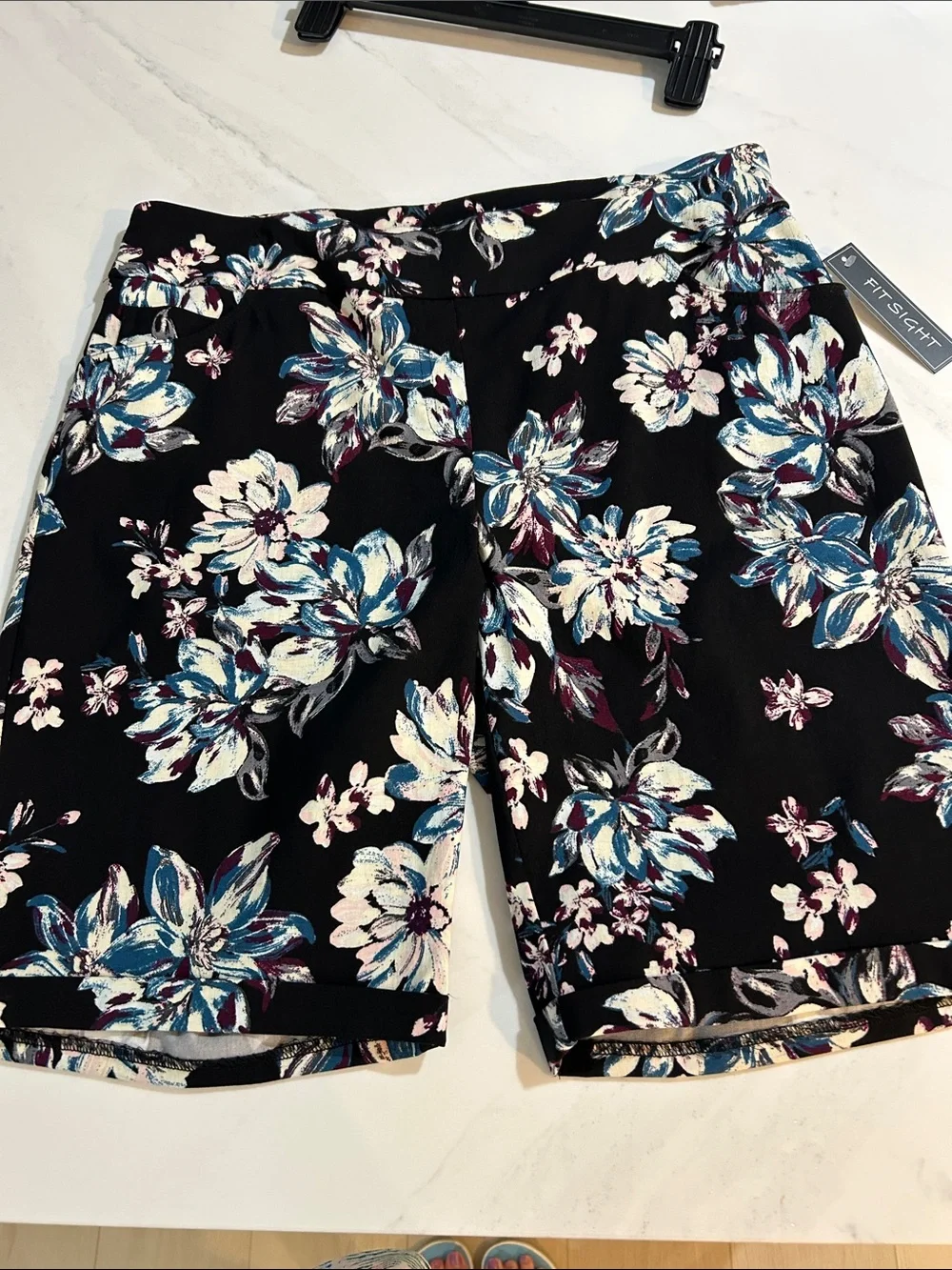 Women's Black Floral Athletic Shorts with Blue and Cream Blooms